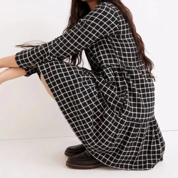 Madewell Flannel Button-Placket Tiered Mini Dress Windowpane Plaid Black S $118 - Picture 2 of 16